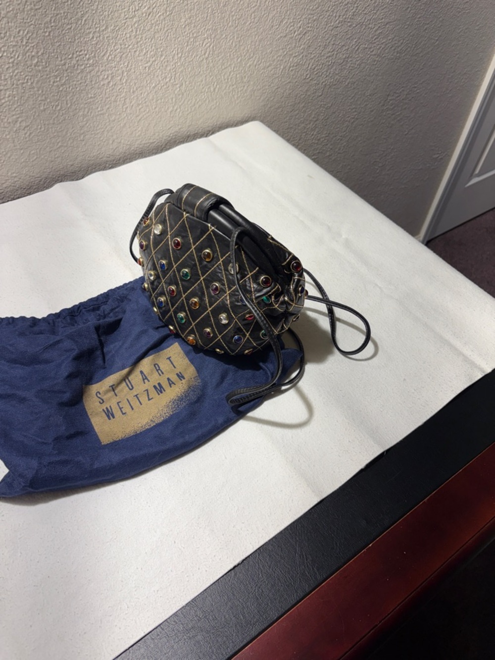 Stuart Weitzman Black Quilted Leather Crossbody with Multicolor Gem Studs